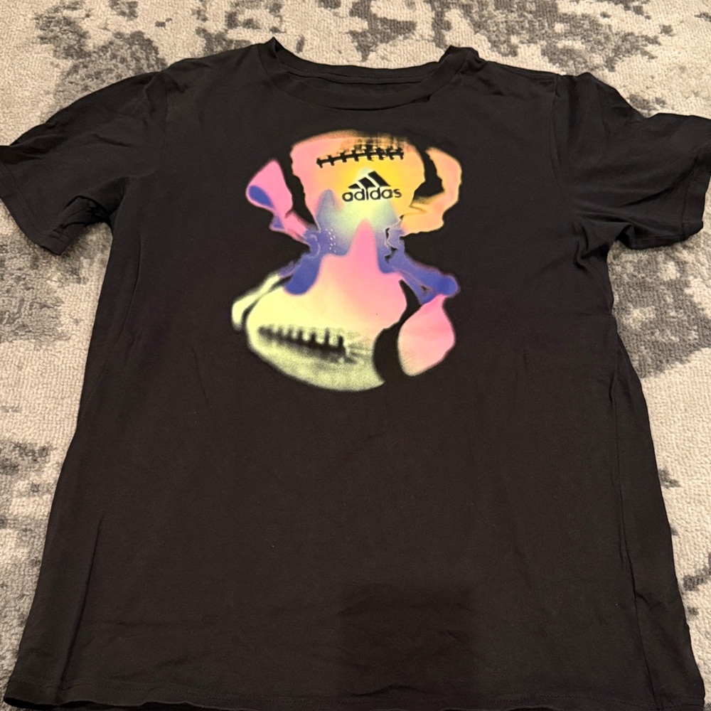 Boys SZ L Adidas Black Tee with Vibrant Multicolor Design